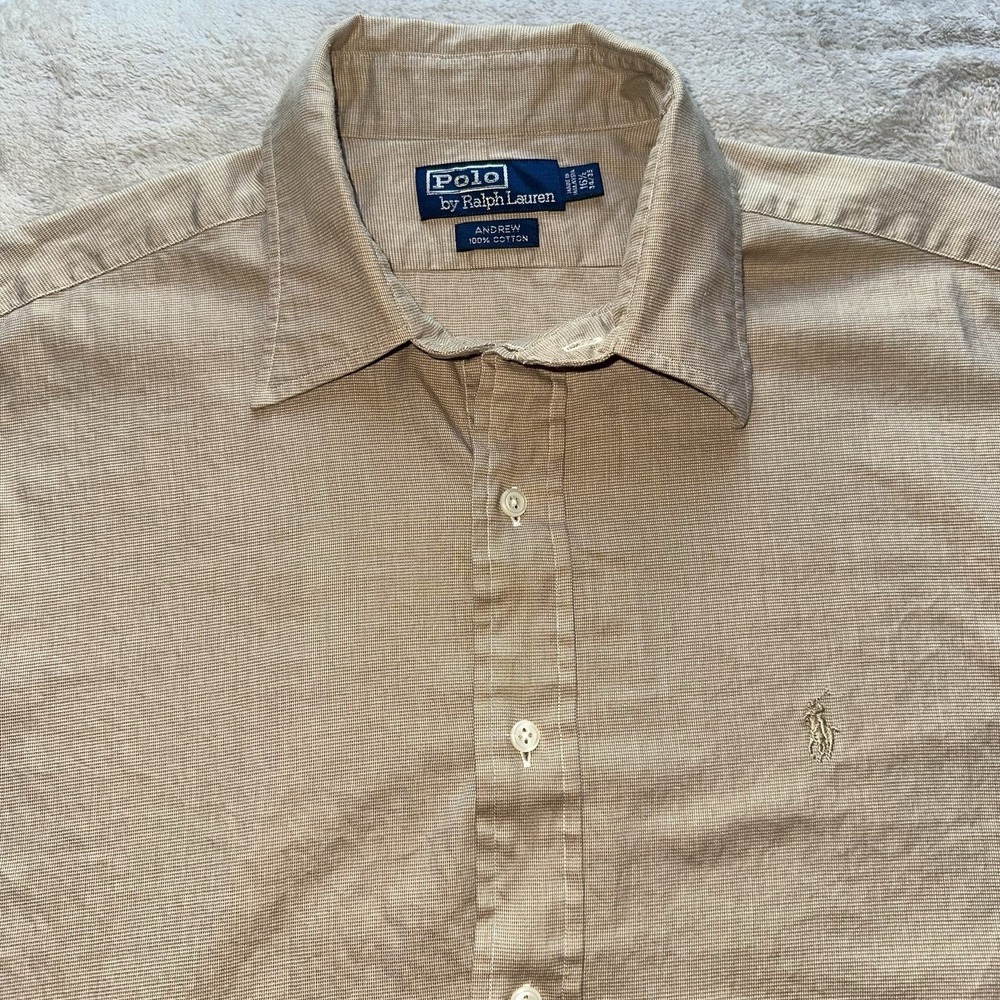 Vintage Polo Ralph Lauren Andrew Shirt Mens XL 16.5 34/35 Beige Tan Woven Cotton - Picture 4 of 9